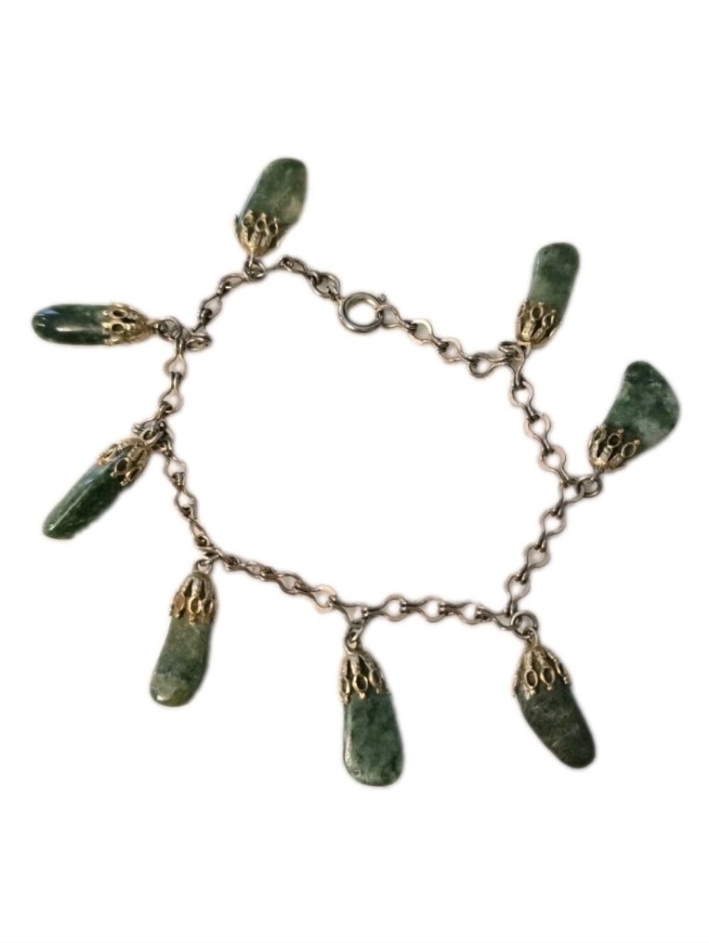 Vintage Green Jade Polished Stone Dangle Charm Gold Tone Chain Bracelet 7.5"